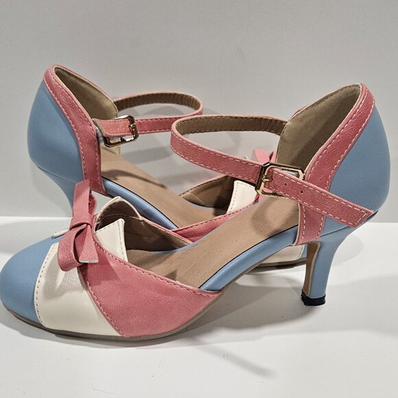 Women’s Retro Two-Tone Bow Heels Pink Blue Size 35 Ankle Strap Vintage Style - Picture 1 of 8